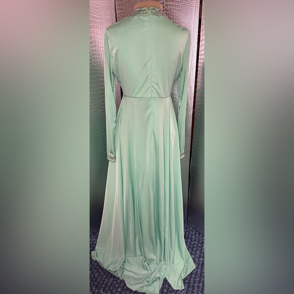Kay Kipps New York Vintage Elegant Beaded Mint Green Long Sleeve Evening Dress - Picture 11 of 14